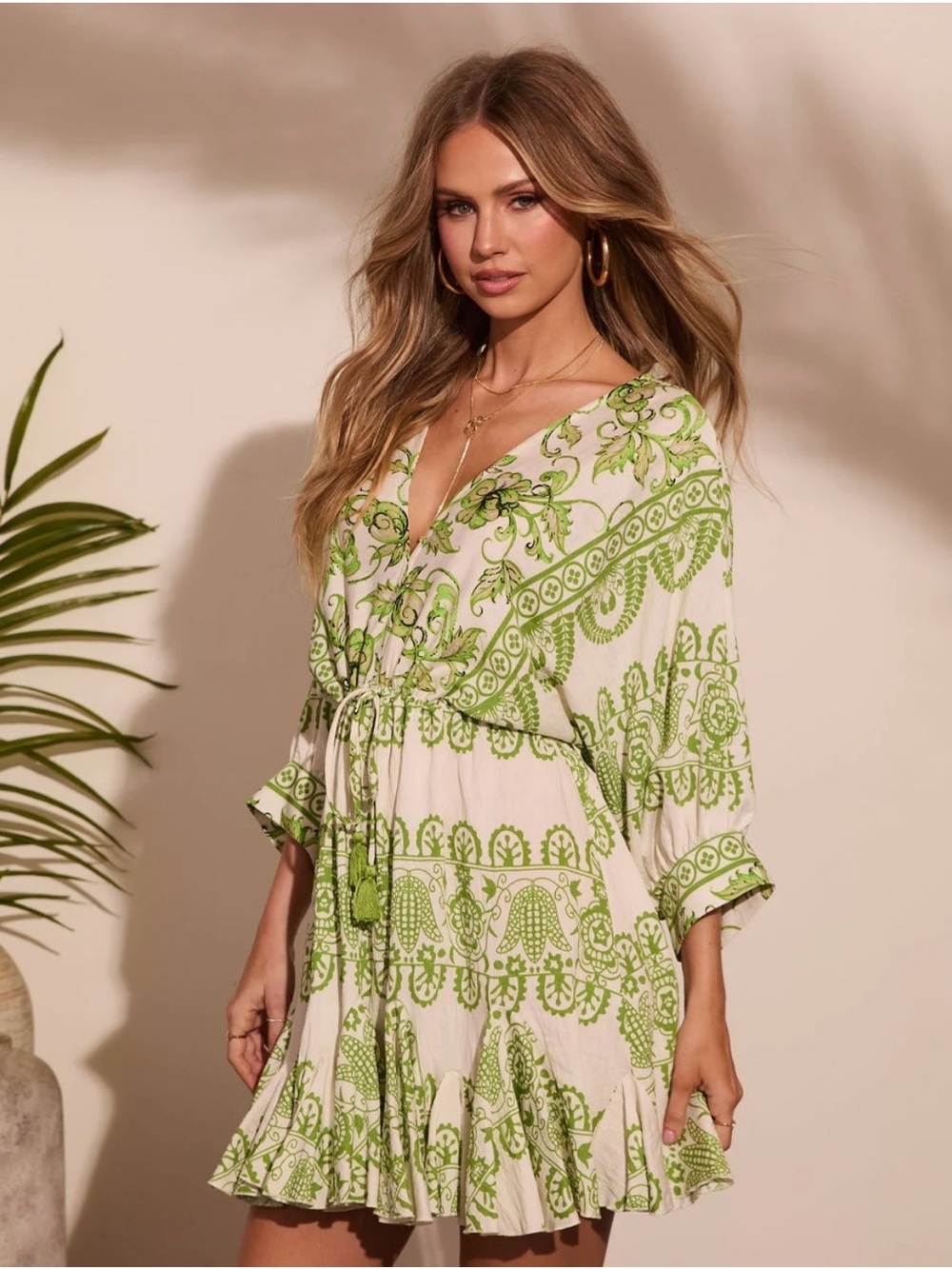 NWT Cream Mini Dress with Green Paisley Print